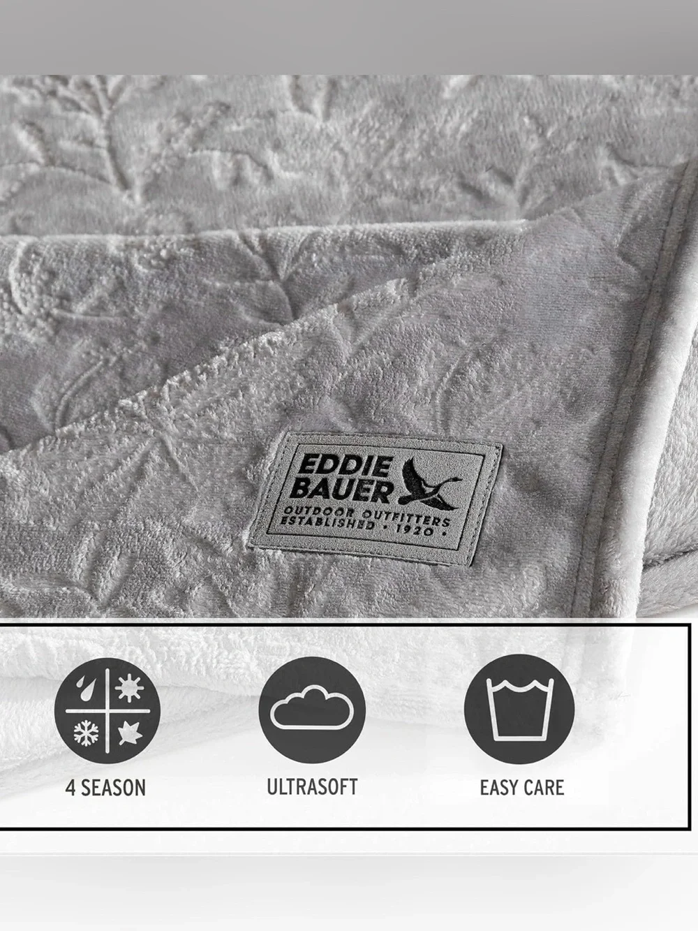 Eddie Bauer Gray Plush Blanket Throw 50” x 70” Embossed Leaf-patterned NEW